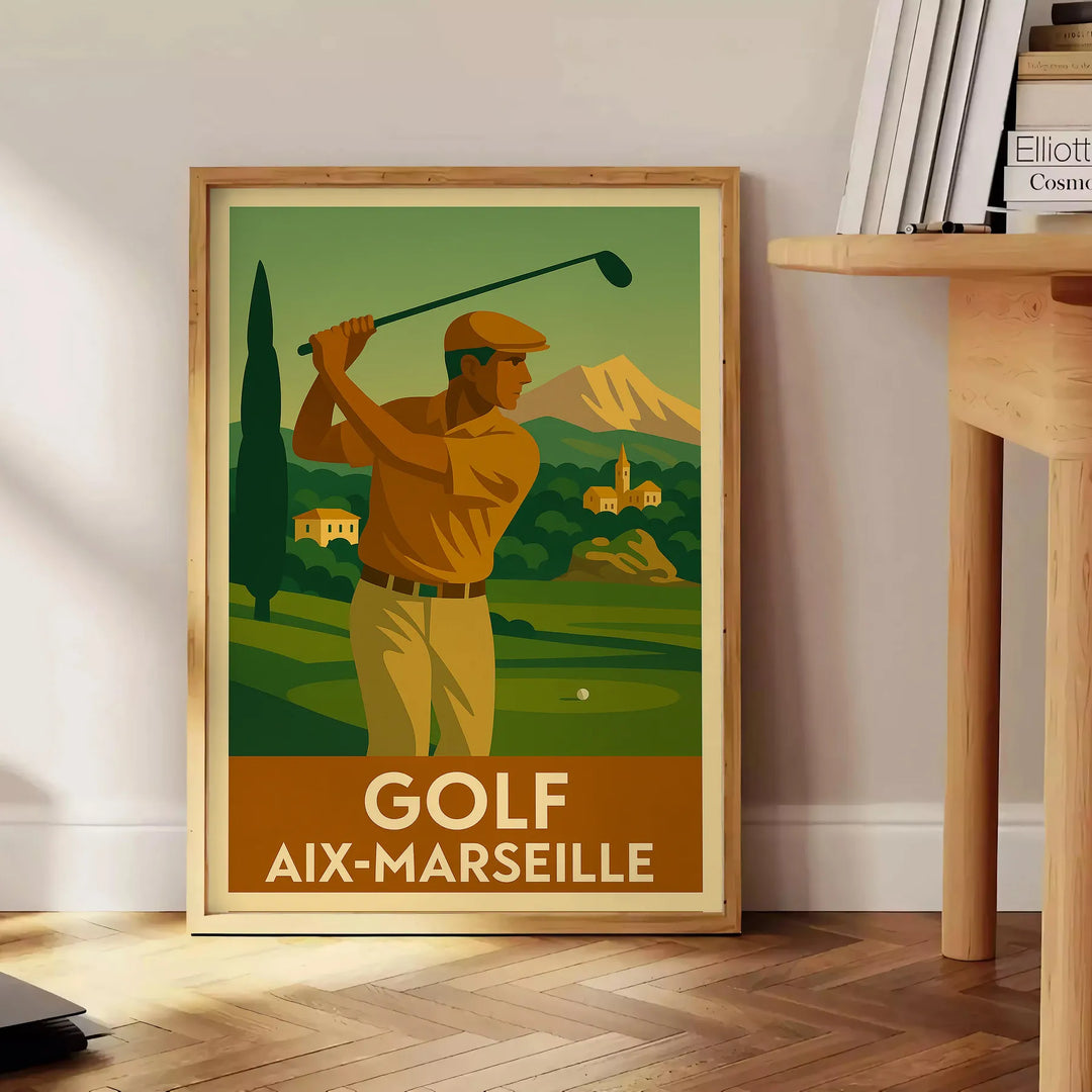 Vintage illustration of a golf course in Aix-Marseille with green hills and blue sky