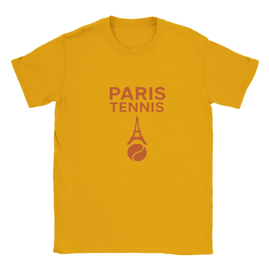 T-shirt featuring a graphic of tennis rackets and a ball with Paris landmarks