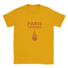 T-shirt featuring a graphic of tennis rackets and a ball with Paris landmarks