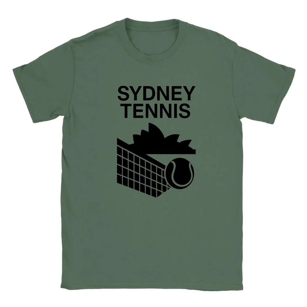 T-shirt featuring a graphic of tennis players in Sydney