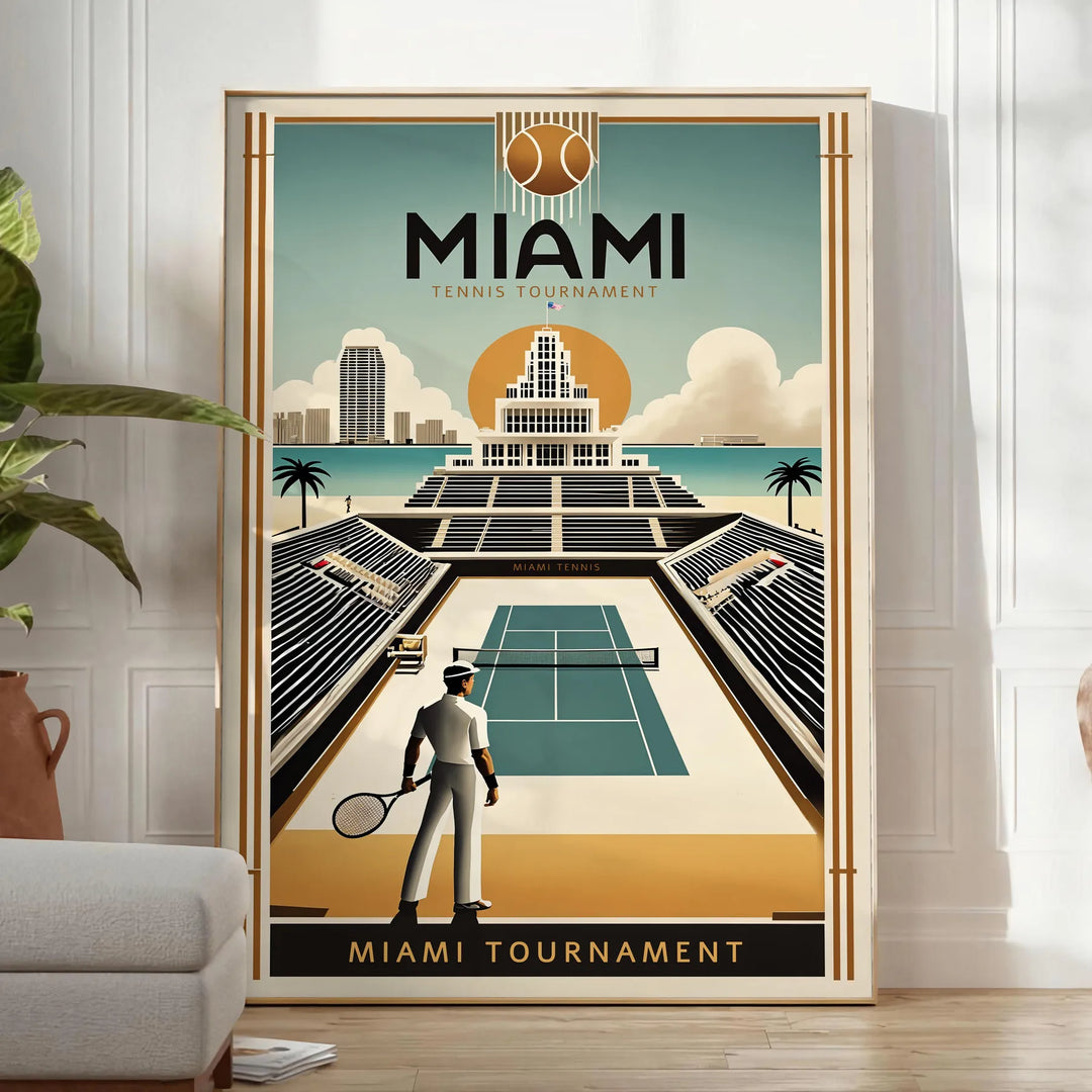 Graphic poster featuring tennis players in action against a green background
