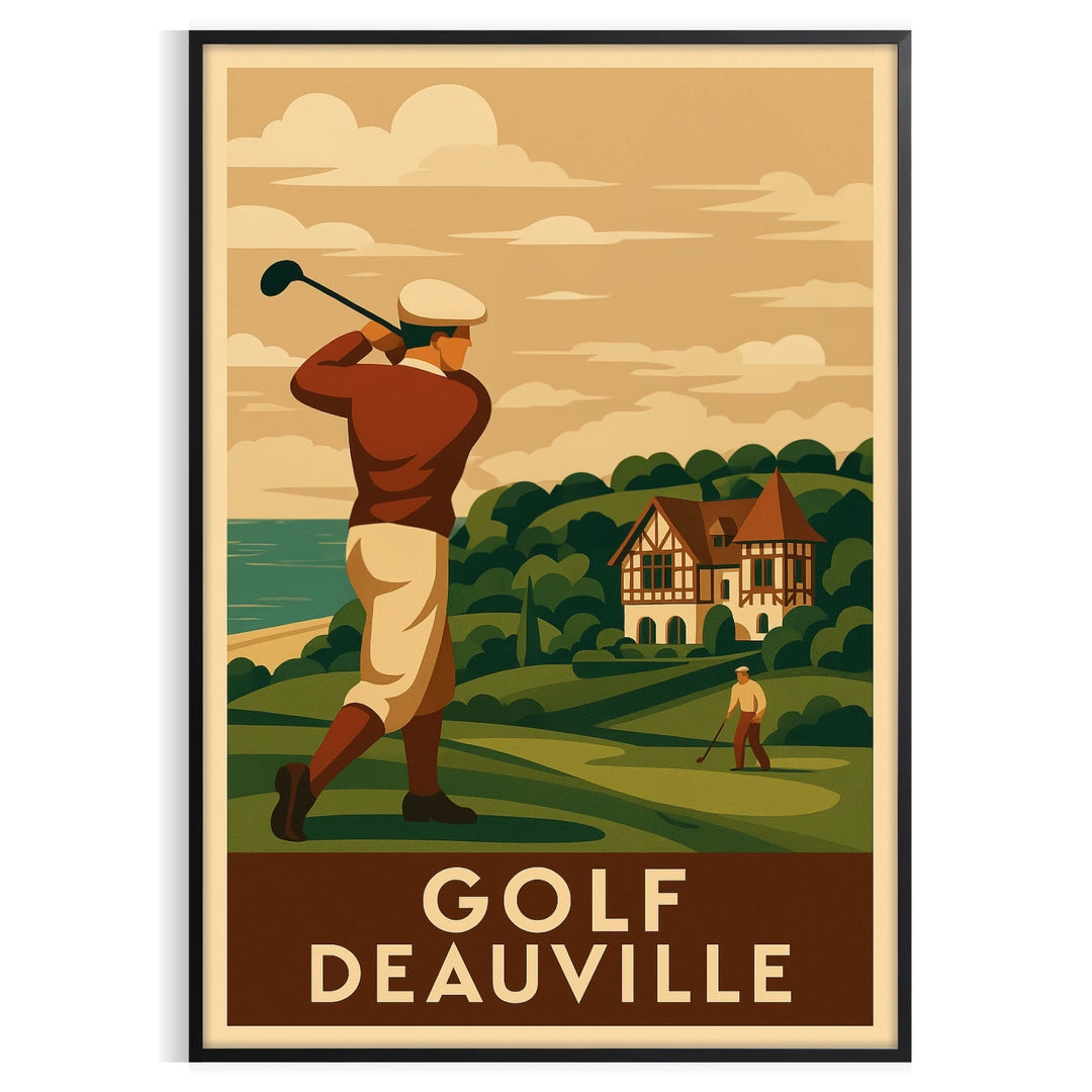 Poster showing vintage Deauville golf scene in brown and green tones