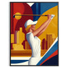 Vintage orange and white poster of a woman playing golf