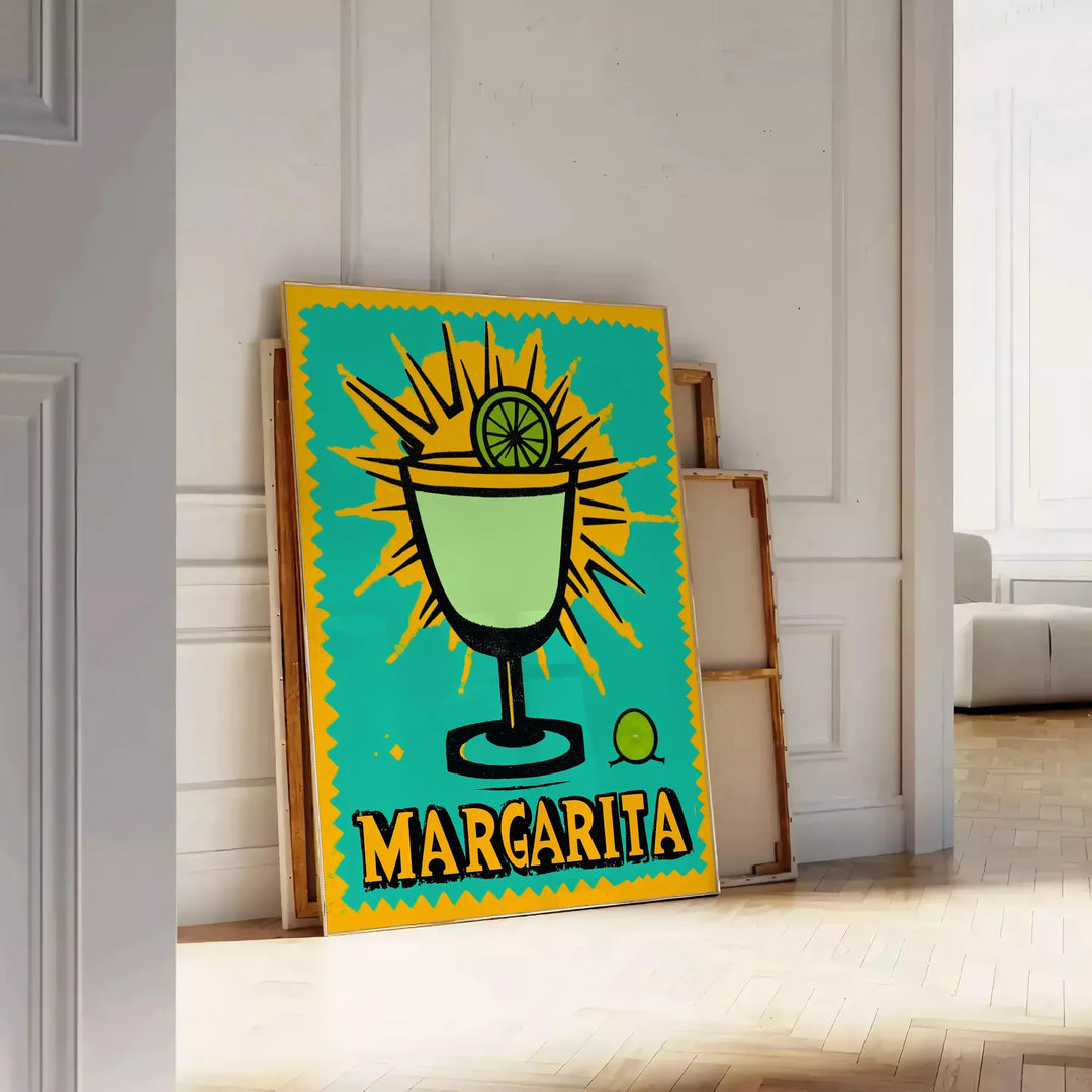 Colorful illustration of a margarita cocktail with lime and salt