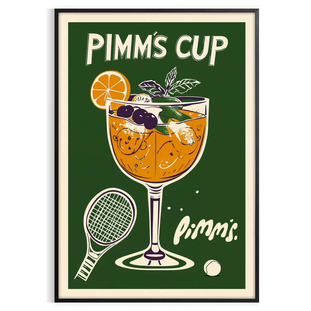 Illustration of a Pimm's Cup cocktail with Wimbledon elements, featuring orange and green hues