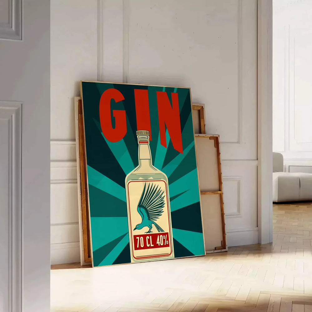 Stylized gin cocktail poster with orange and blue retro illustration
