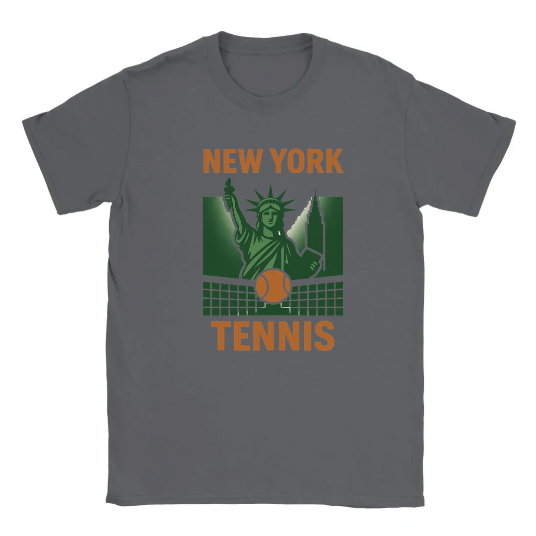 T-shirt featuring a graphic of tennis rackets and balls with New York text