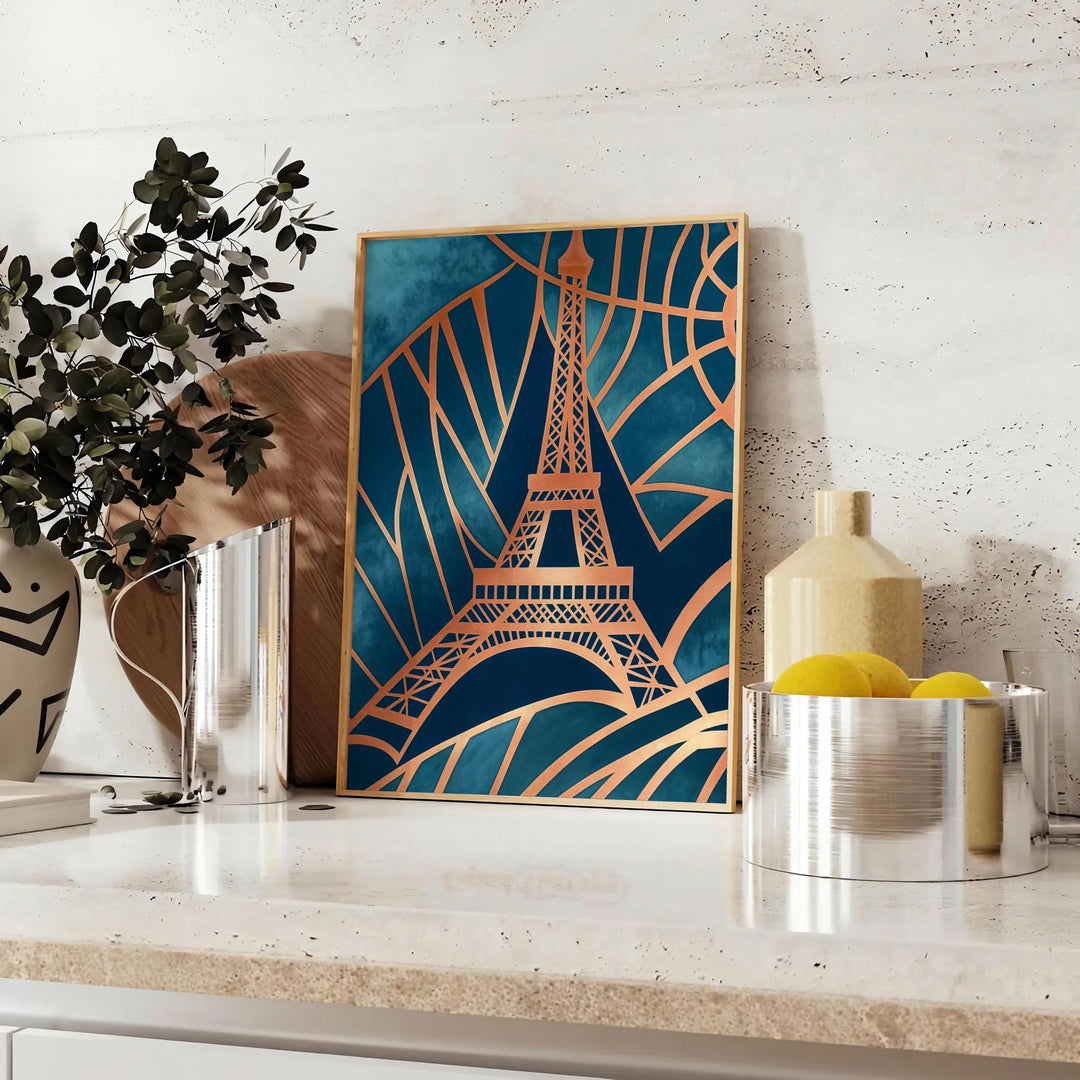 Art Deco poster featuring the Paris skyline in green and gray geometric patterns