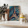 Art Deco poster featuring the Paris skyline in green and gray geometric patterns