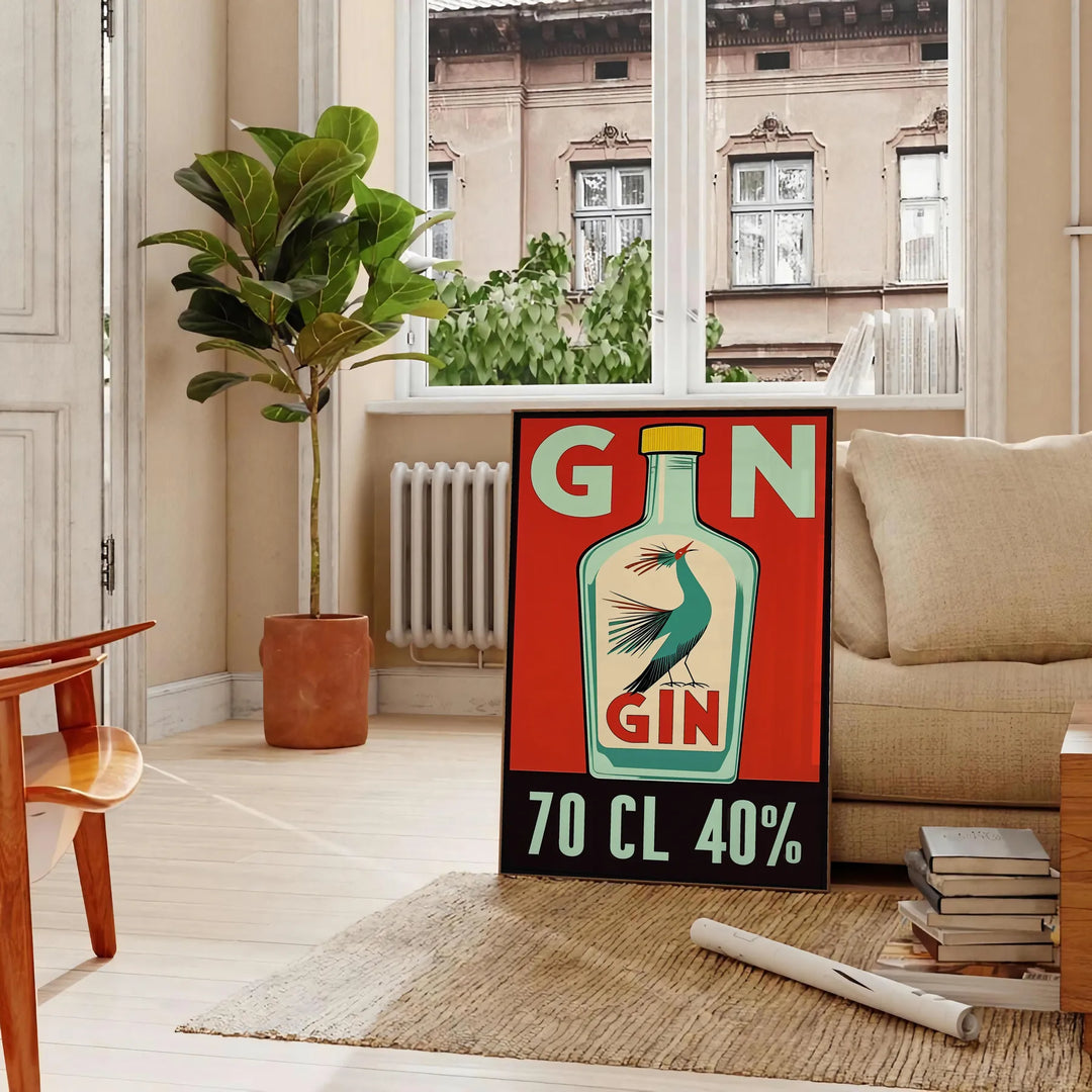 Retro minimalist illustration of a gin cocktail in orange and red hues