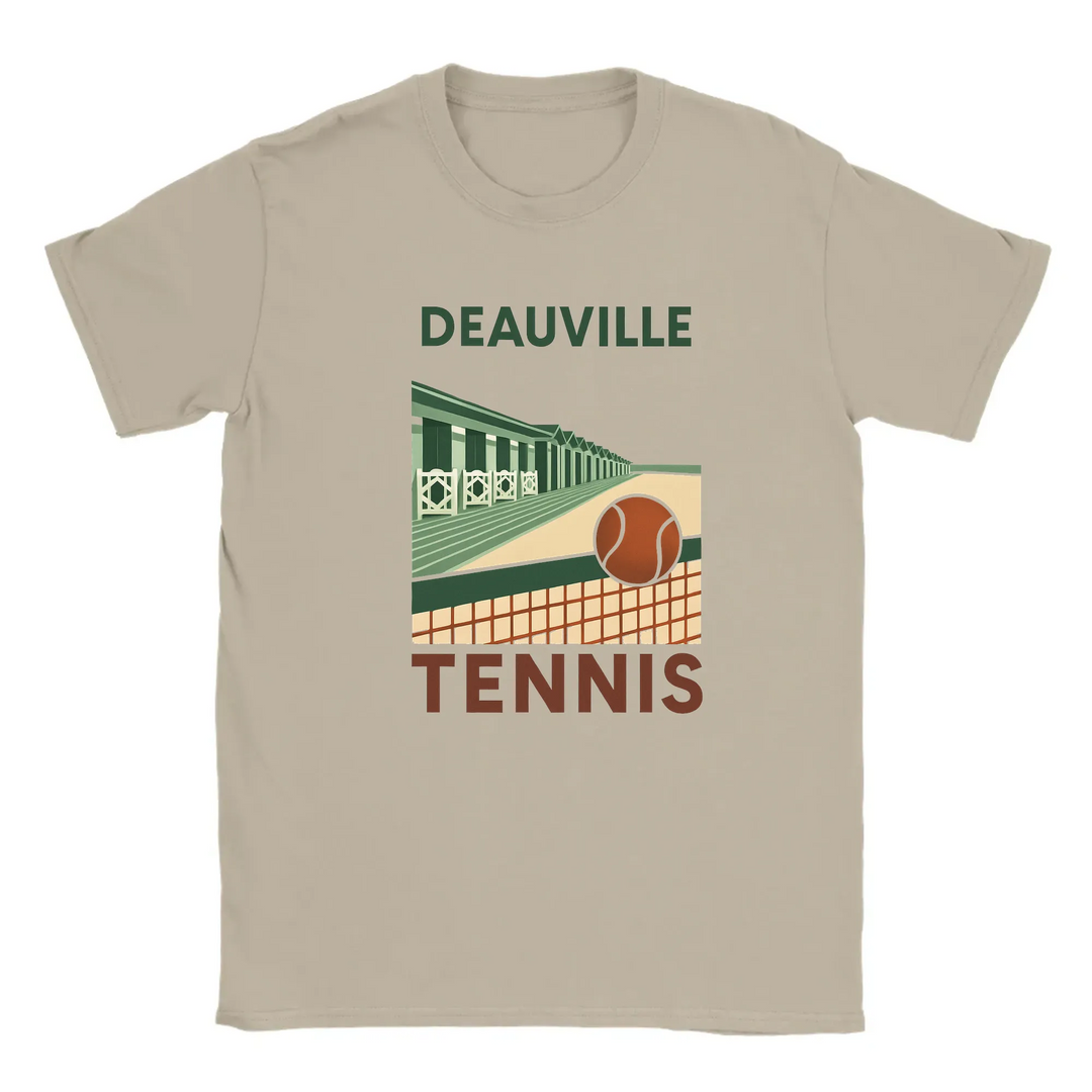 T-shirt featuring a graphic of tennis rackets and balls with Deauville text