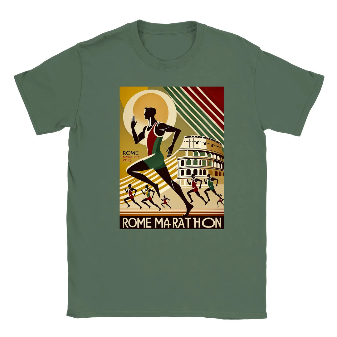 T-shirt featuring a graphic design inspired by the Rome Marathon