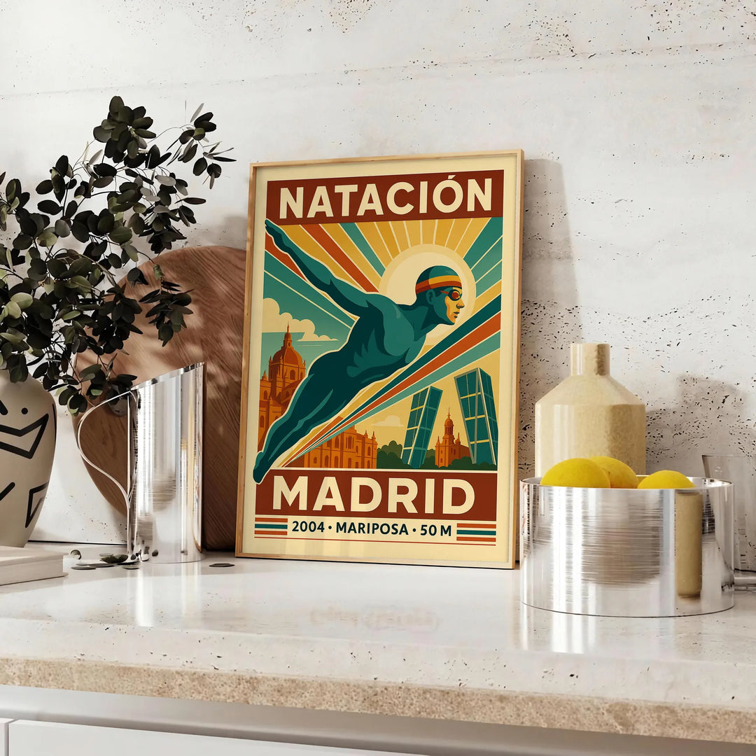 Brown and red stylized Madrid swimming poster with vintage illustration