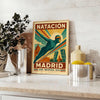 Brown and red stylized Madrid swimming poster with vintage illustration