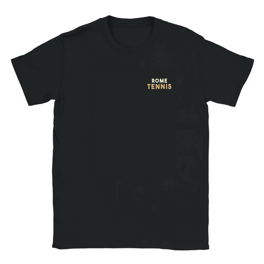 T-shirt featuring an embroidered design of a tennis motif inspired by Rome