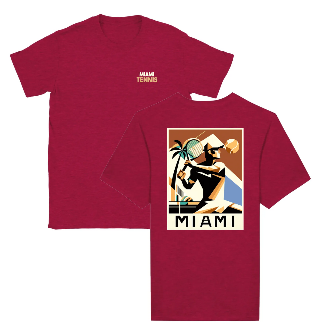 T-shirt featuring a graphic of a tennis player in action against a Miami skyline