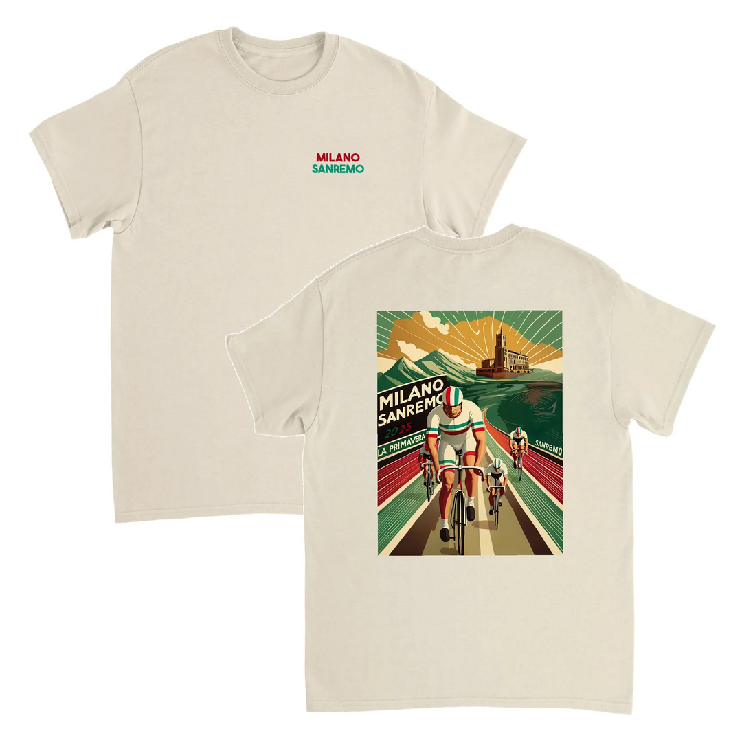 T-shirt featuring a graphic of the Milano–Sanremo cycling race