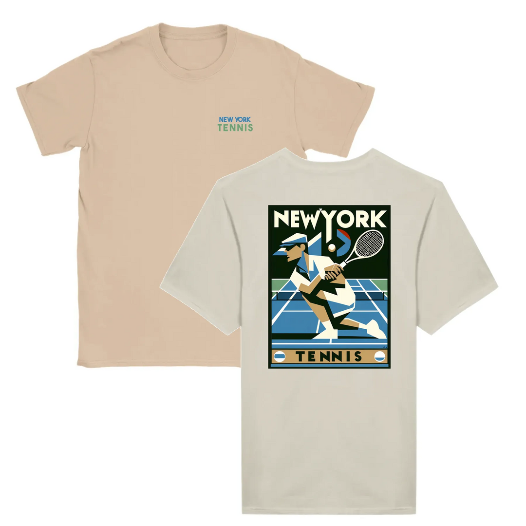 T-shirt featuring a graphic of a tennis player in action against a New York skyline