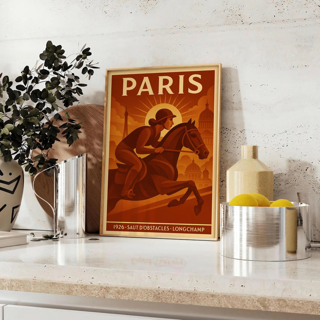 Gelb-grünes Reitsport-Poster mit Pariser Motiv, dynamische moderne Grafik