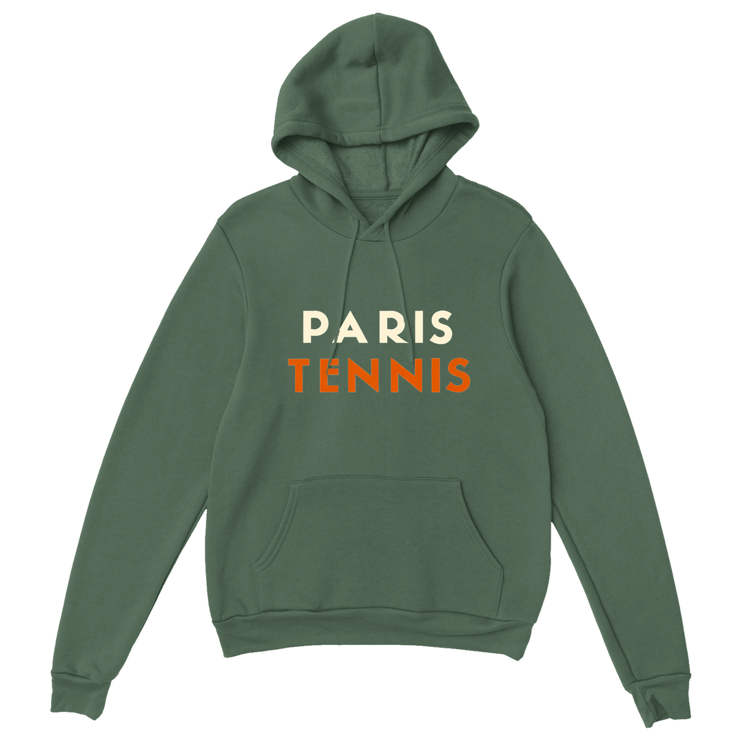 Hoodie featuring a graphic print of tennis elements and Paris motifs