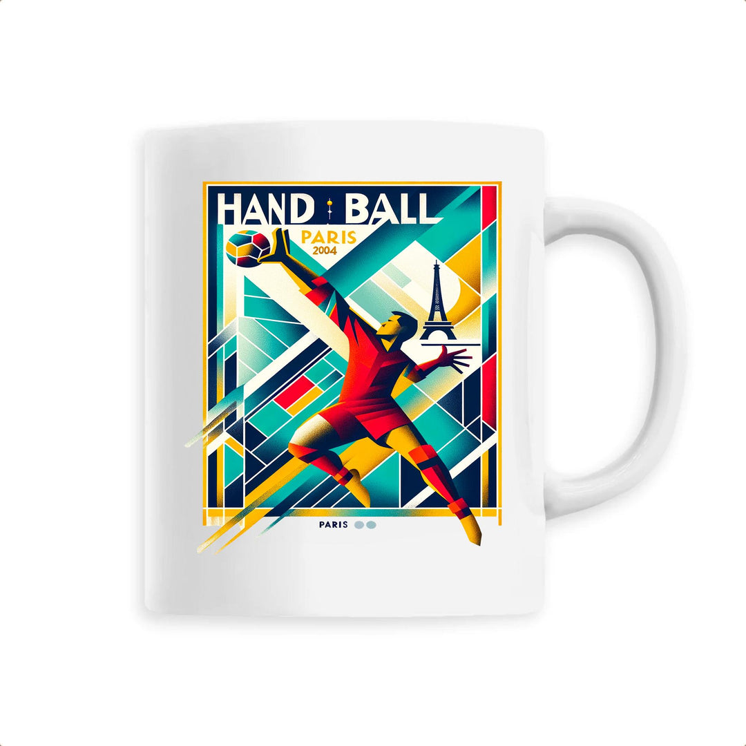 Ceramic mug featuring Paris handball graphic and city silhouette design