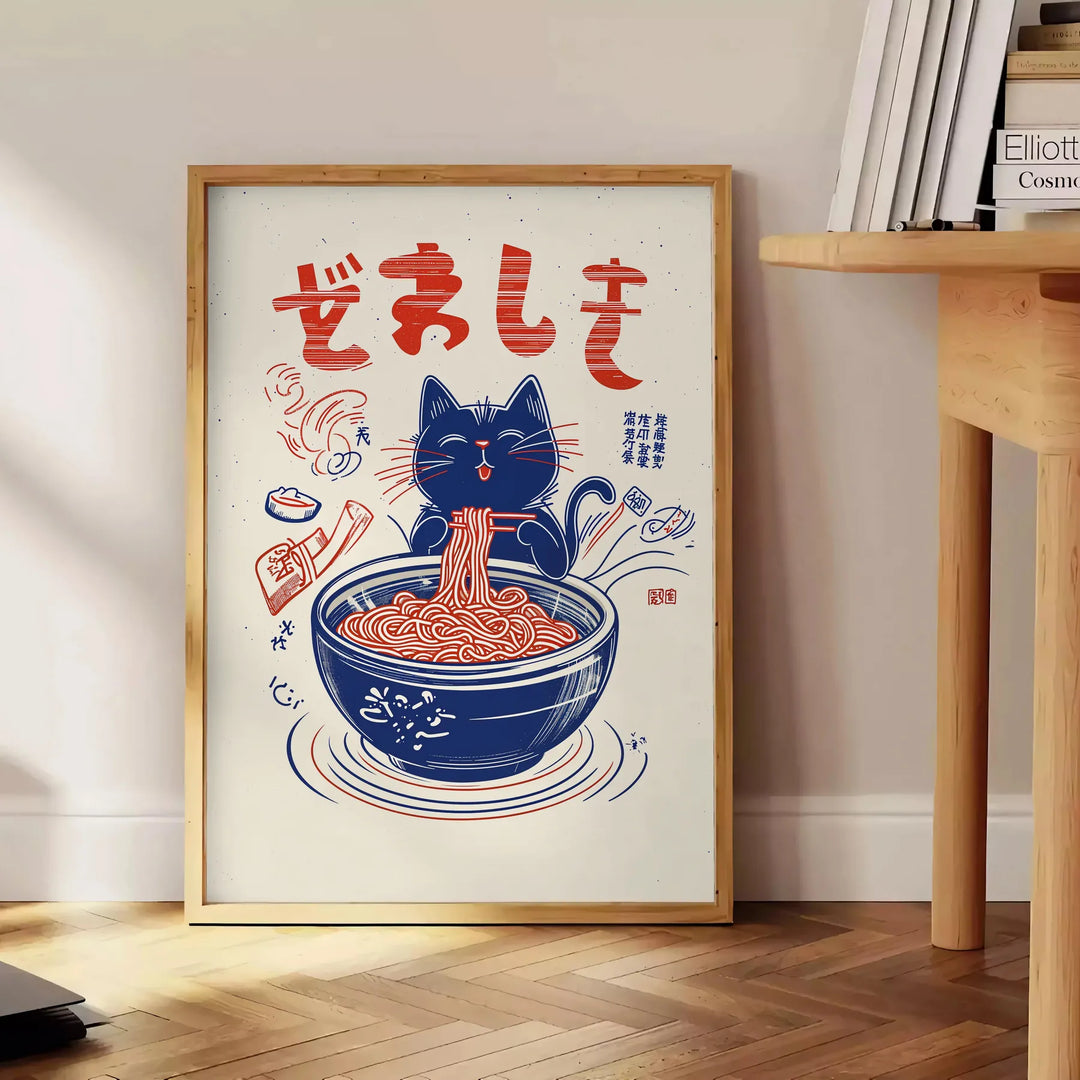 Blue and red Maneki Neko kitchen illustration poster, playful Japanese charm