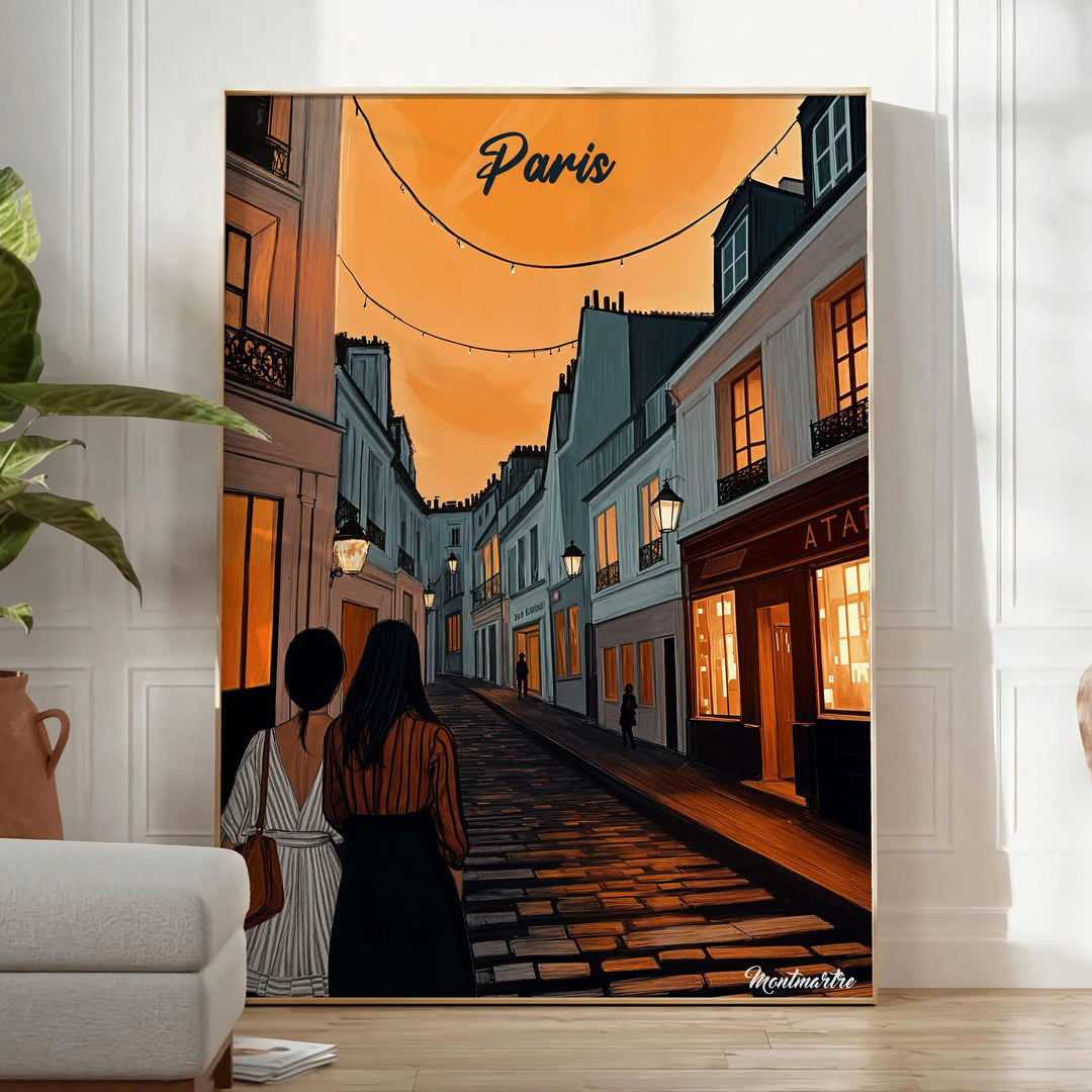 Montmartre poster with stylized illustration of Paris in green and orange