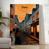 Montmartre poster with stylized illustration of Paris in green and orange