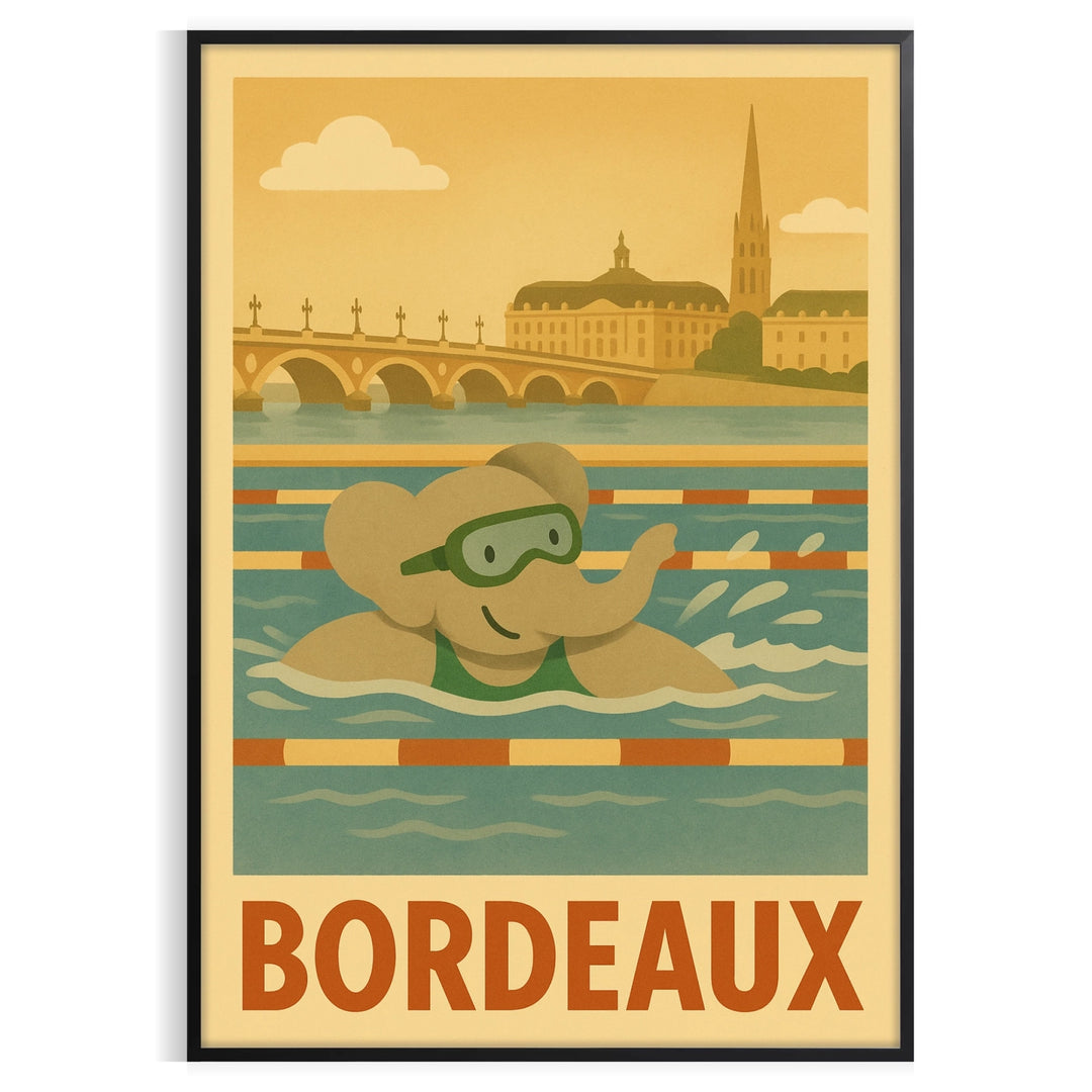 Bordeaux, gray and green kids poster showing a swimming elephant illustration
