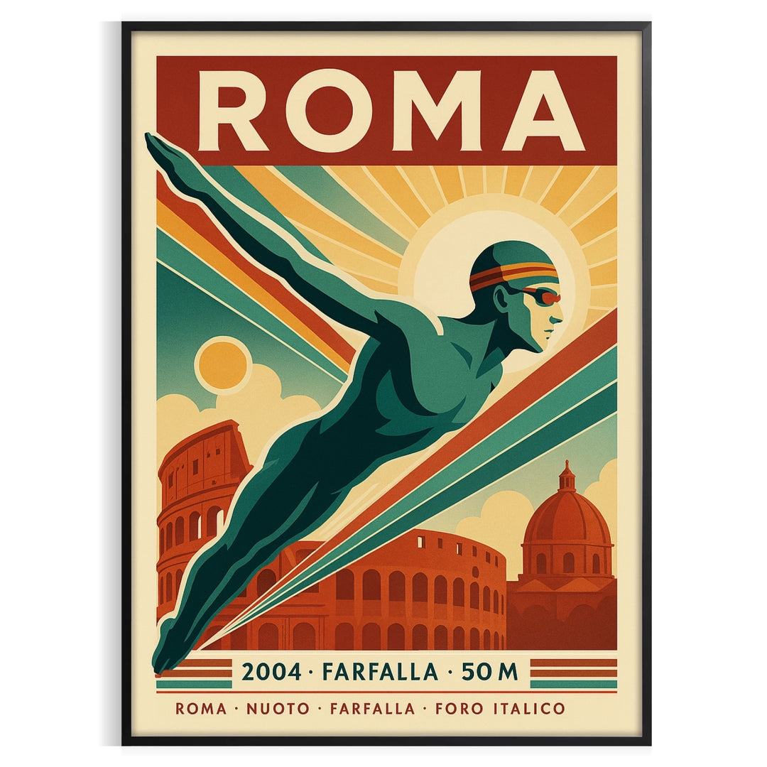 Poster of swimmers near Rome ruins in red, blue and white