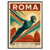 Poster of swimmers near Rome ruins in red, blue and white