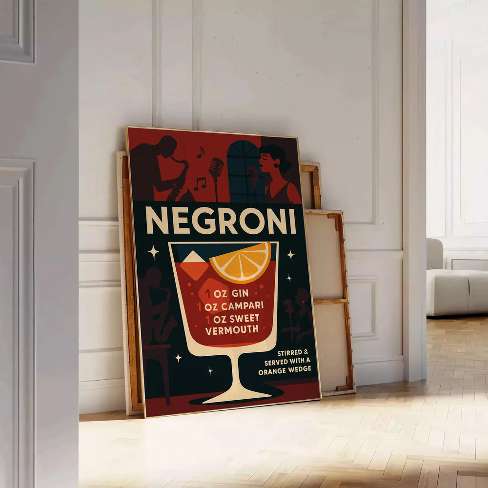 Poster of a minimalist Negroni cocktail illustration in black and gray.