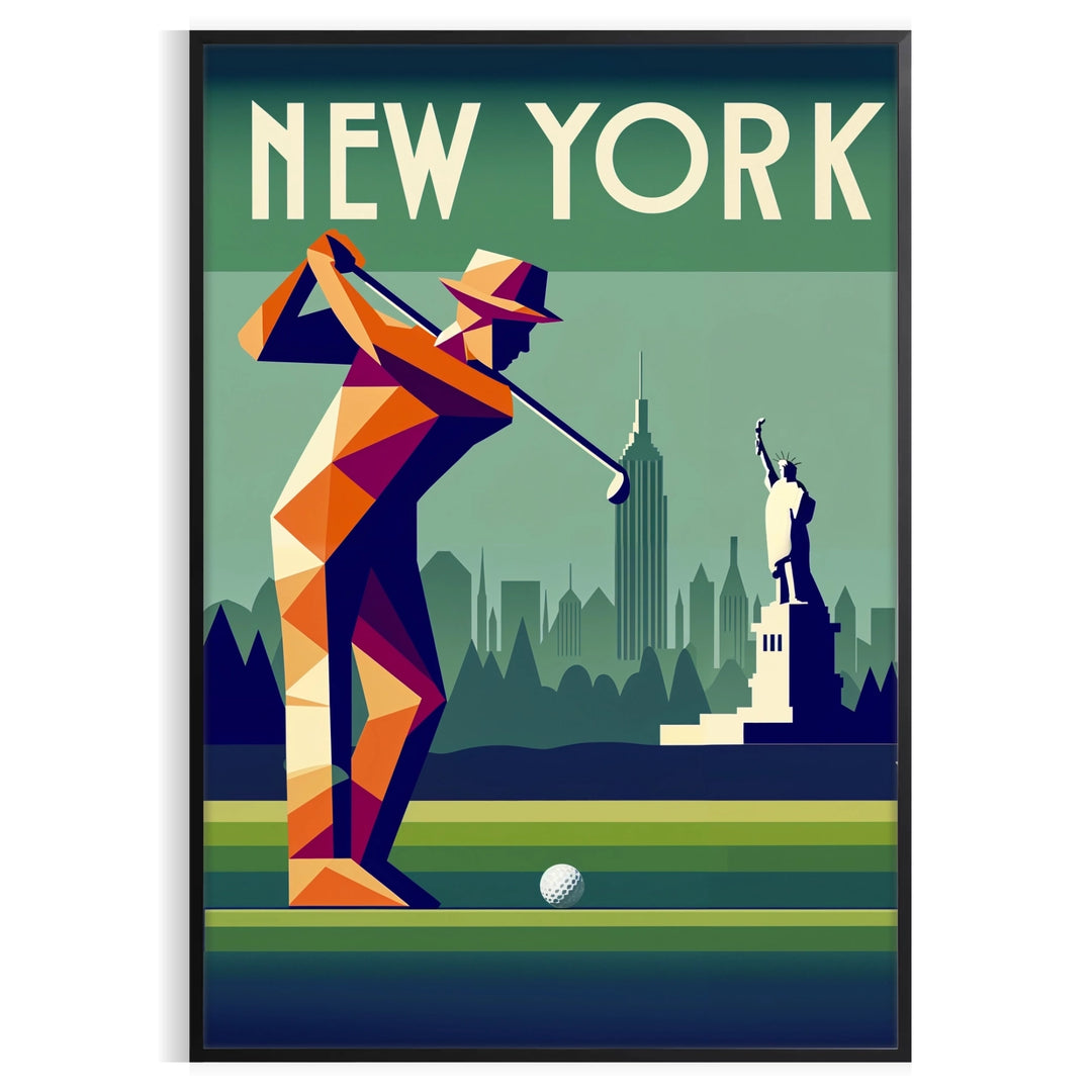 Art Deco style poster featuring a golf scene in New York with gray and brown tones