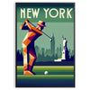 Art Deco style poster featuring a golf scene in New York with gray and brown tones