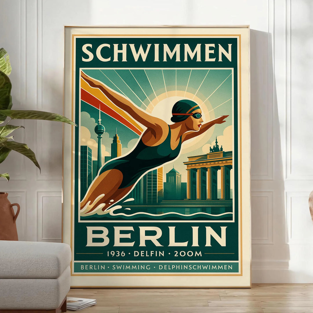ambiance Berlin affiche Swimming teintes marron vert 50x70 30x40 idéal espace œuvre captivante style encadré