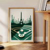 Vintage poster showing baseball player with Paris motifs in retro style