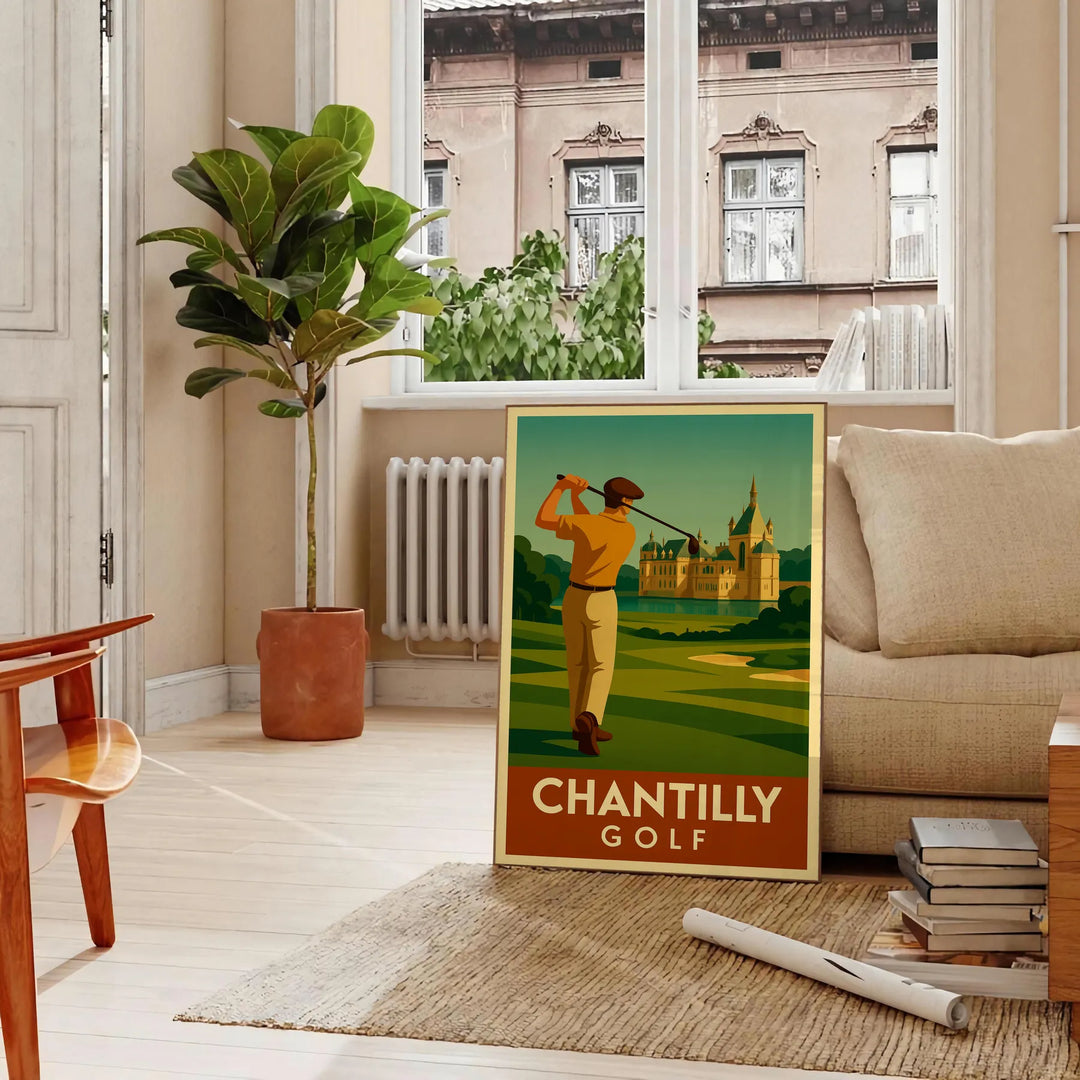 Vintage Chantilly golf poster with green and orange travel-style illustration