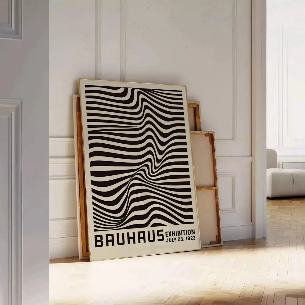 Minimalist poster featuring black lines on a gray background, inspired by Bauhaus design