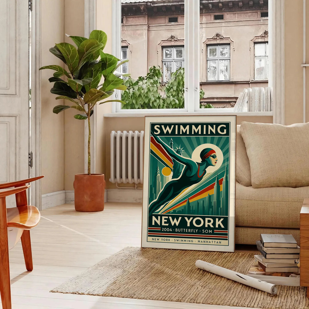 Retro illustration of a swimmer in bold green and orange against New York skyline