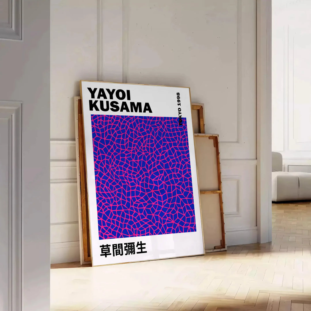 Pink and black pumpkin design by Yayoi Kusama in pop-art style