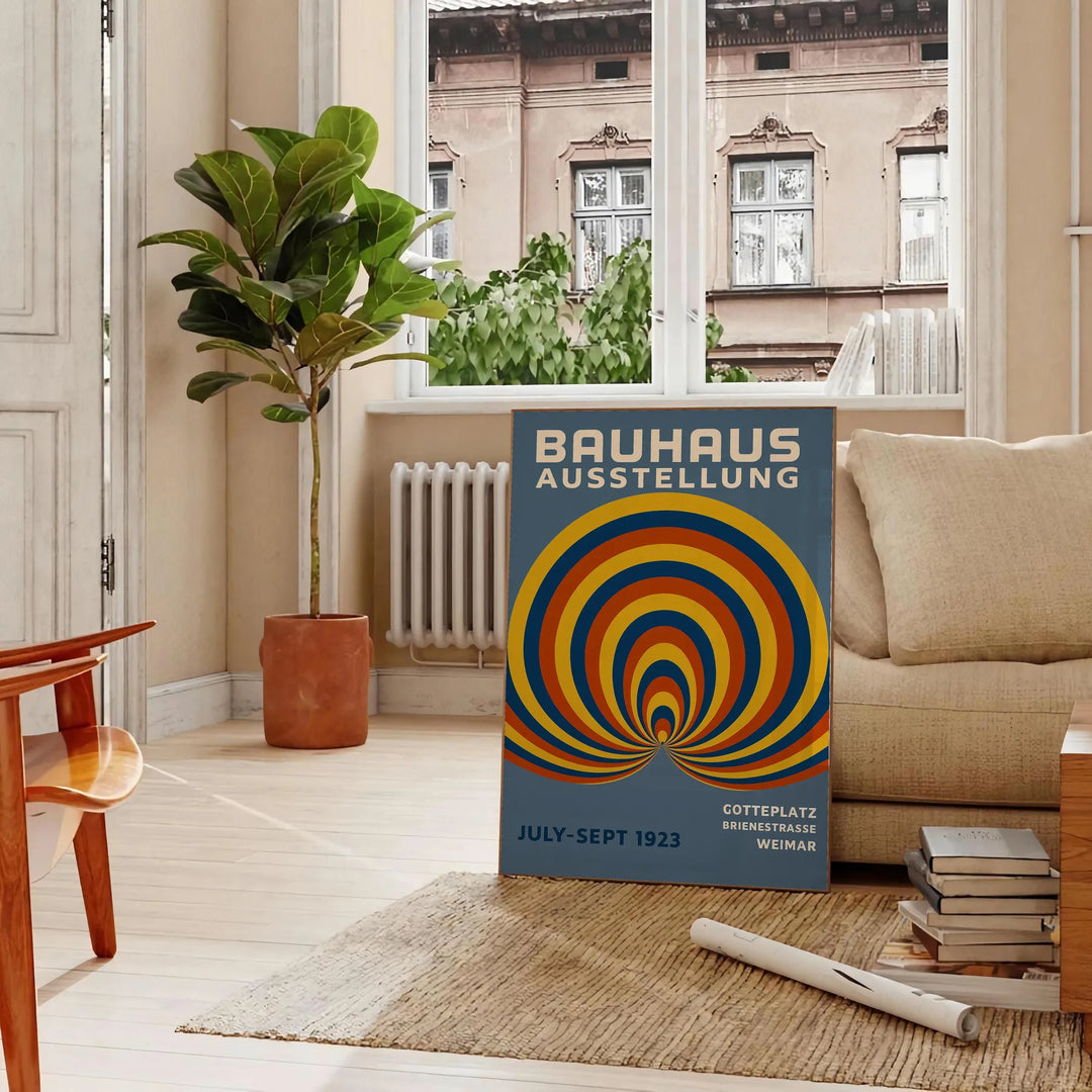 Bauhaus poster featuring abstract blue and green circular geometric design