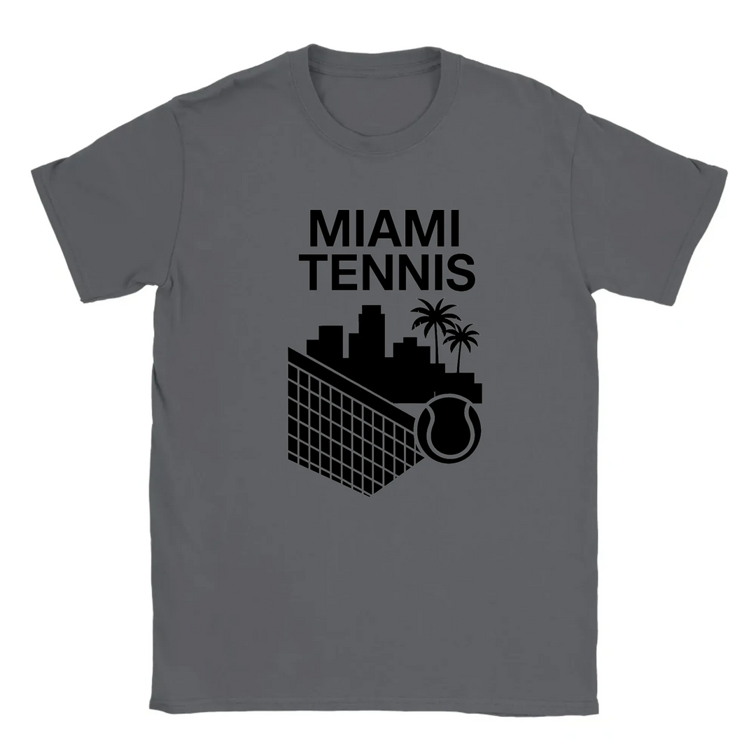 T-shirt featuring a graphic of a tennis player in action against a Miami skyline