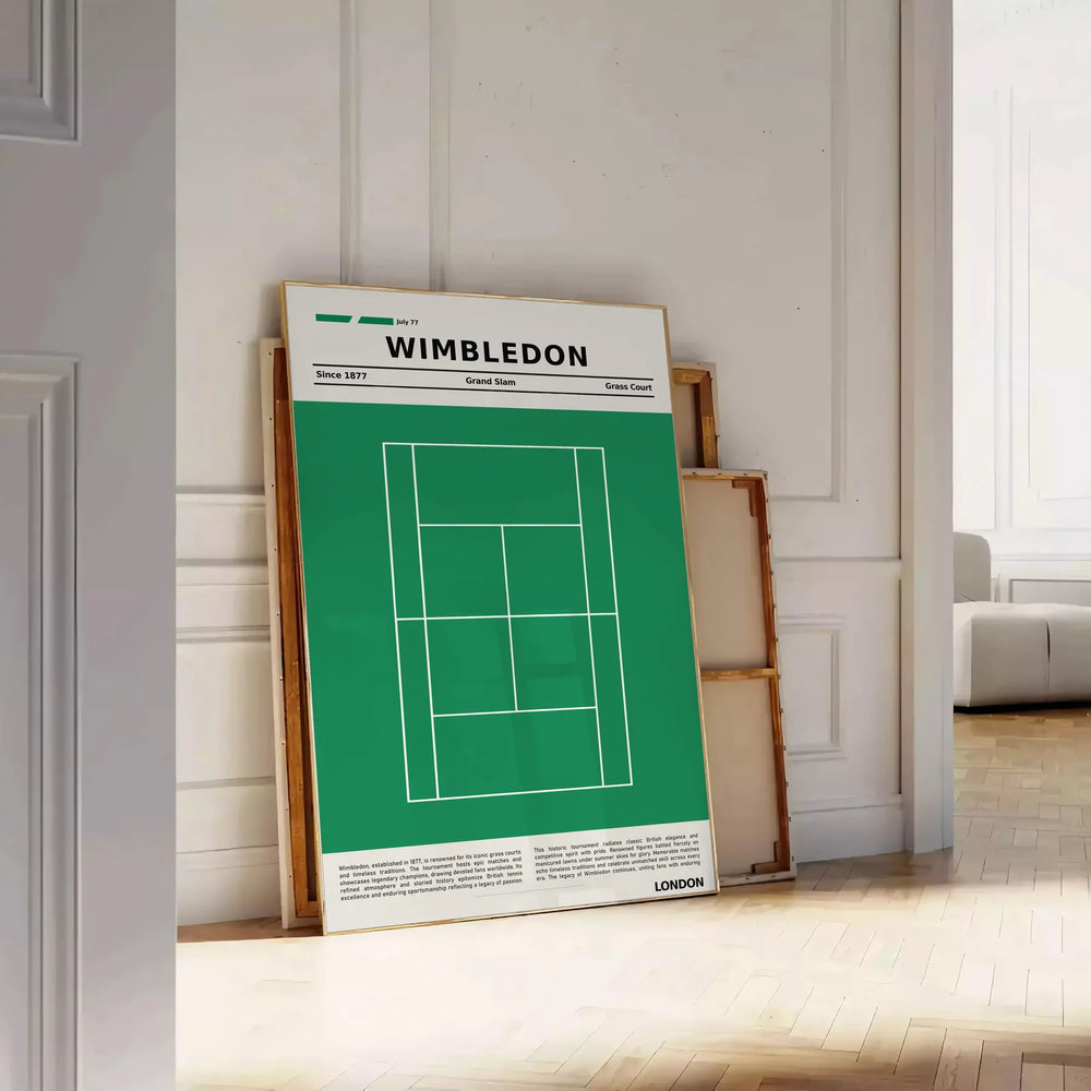 Retro-style graphic of a tennis court in green and white for Wimbledon
