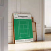 Retro-style graphic of a tennis court in green and white for Wimbledon