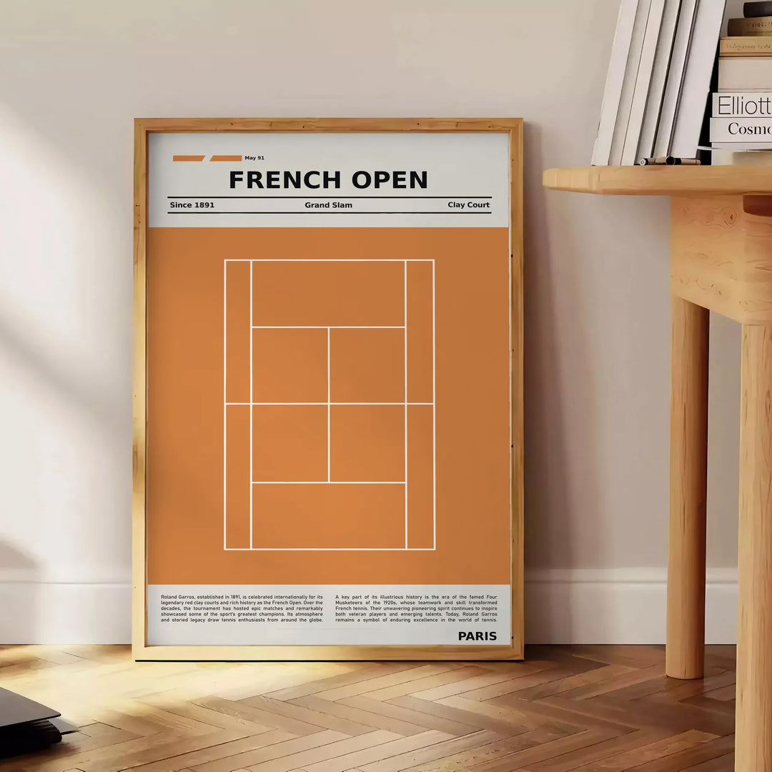 Minimalist black and white illustration of tennis at Roland Garros