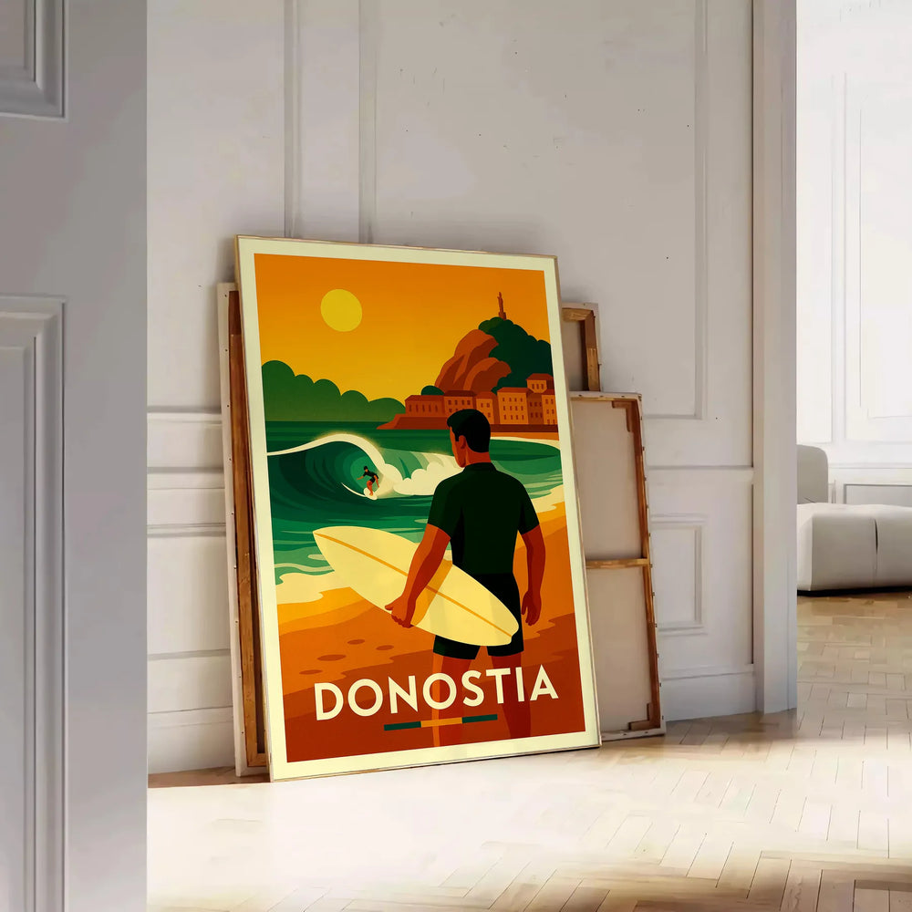 Surf scene in San Sebastian, featuring dynamic waves and surfers in vibrant colors