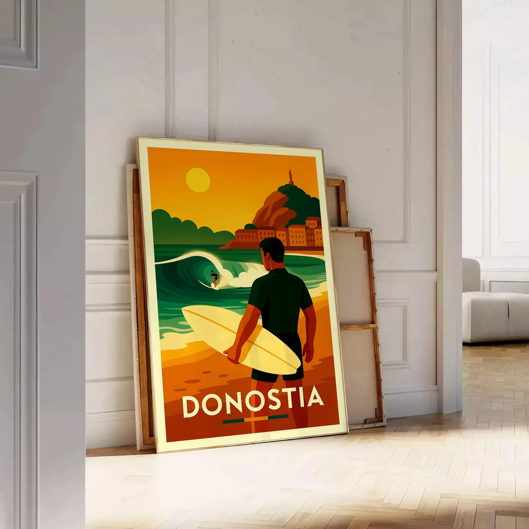 Surf scene in San Sebastian, featuring dynamic waves and surfers in vibrant colors