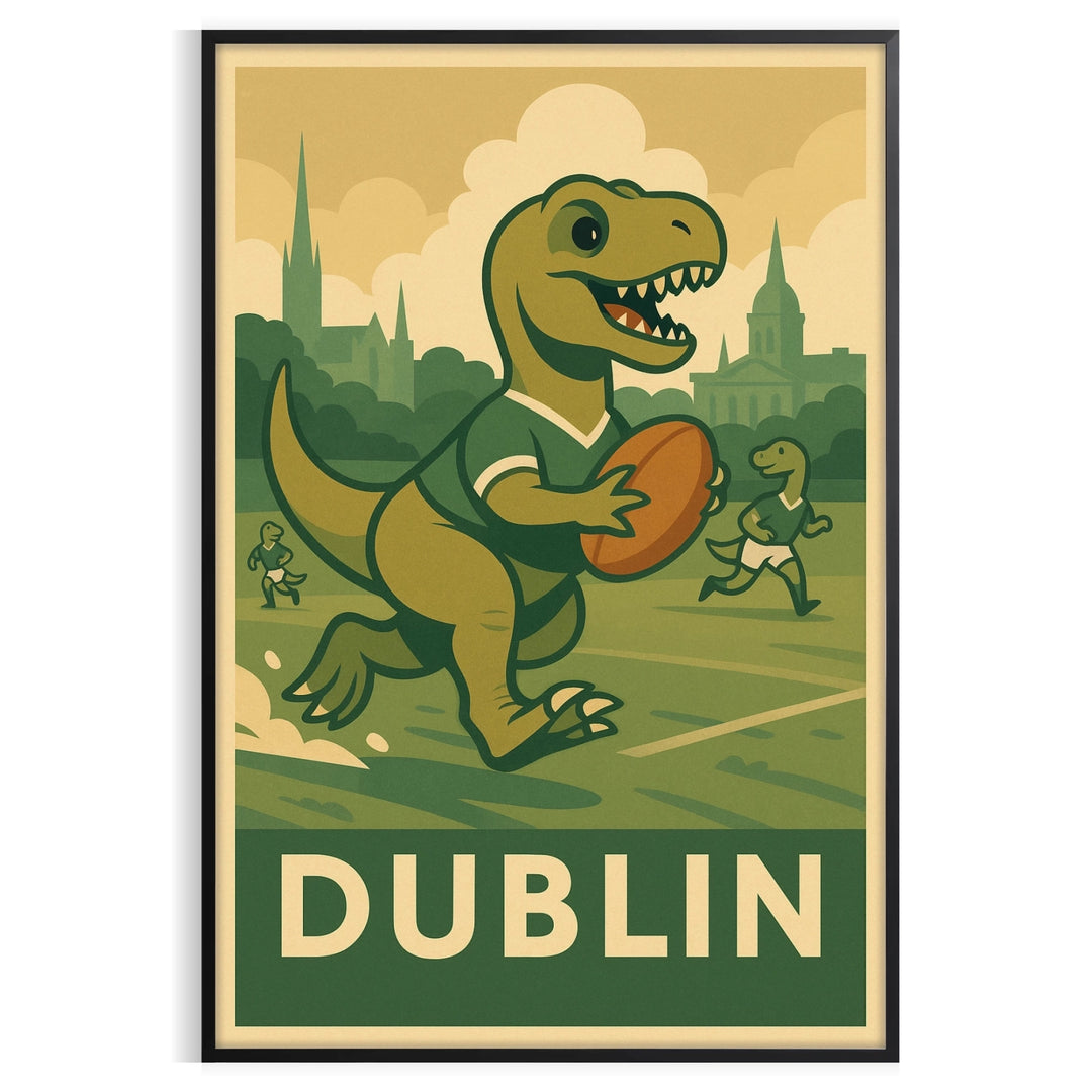 Art-deco style dinosaur playing rugby in a Dublin setting