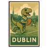 Art-deco style dinosaur playing rugby in a Dublin setting