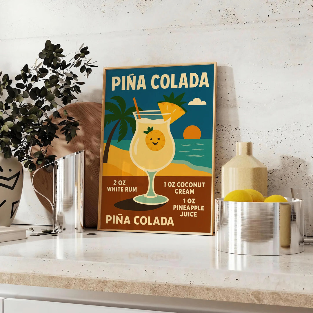 Retro illustration of a Pina Colada cocktail with orange and yellow hues
